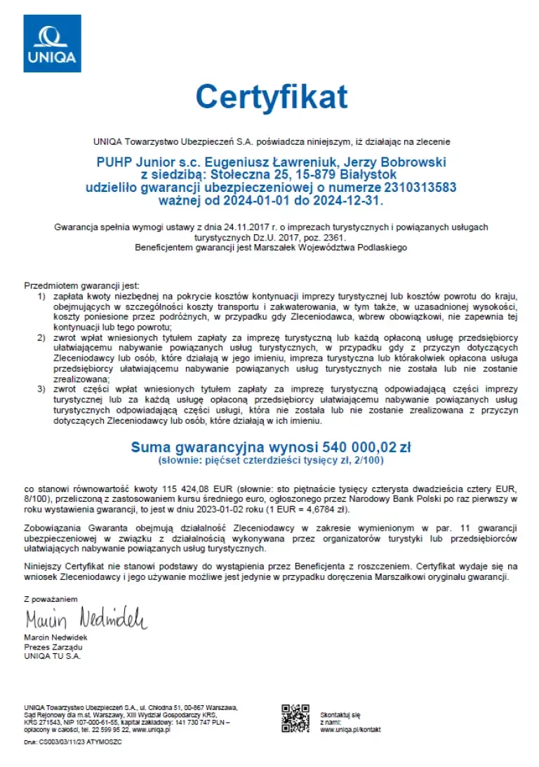 Certyfikat Junior Pielgrzymki 2024r